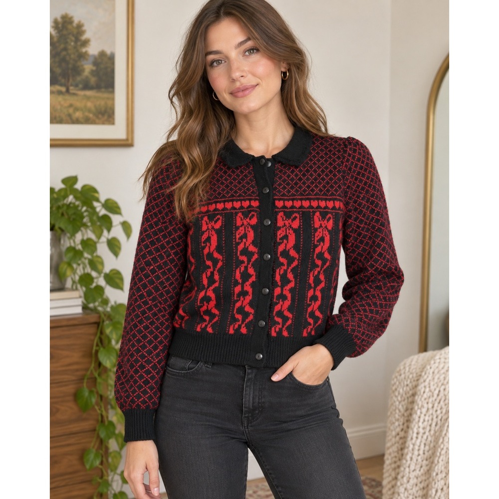 Susan Bristol Cardigan Red Black Wool Vintage 1988 Ribbon Heart Intarsia Sweater
